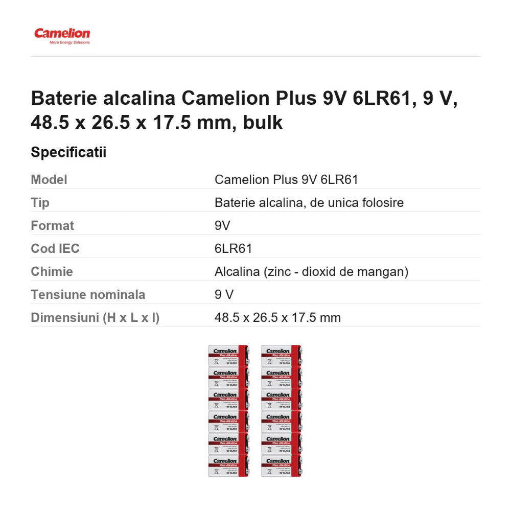 Baterie alcalina Camelion Plus 9V 6LR61, 9 V, 48.5 x 26.5 x 17.5 mm, bulk [3]