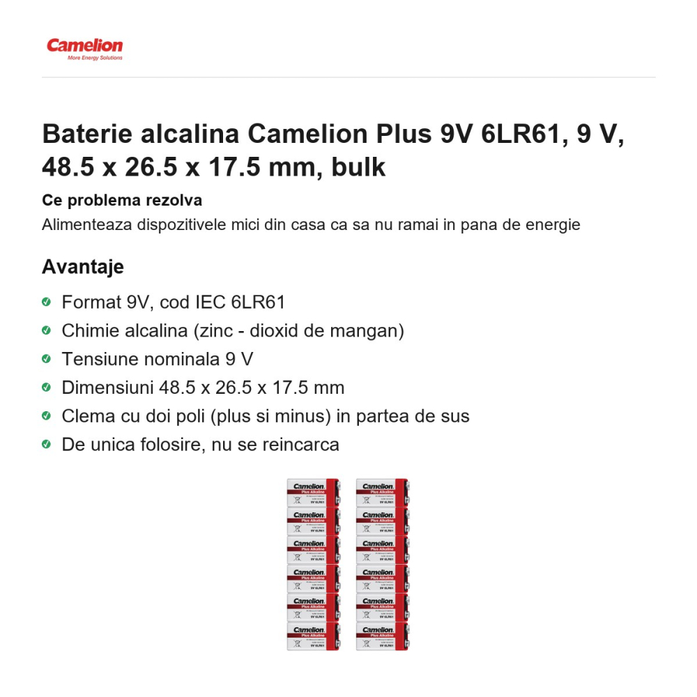 Baterie alcalina Camelion Plus 9V 6LR61, 9 V, 48.5 x 26.5 x 17.5 mm, bulk [2]