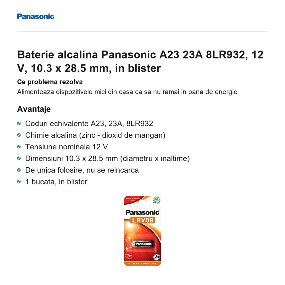 Baterie alcalina Panasonic A23 23A 8LR932, 12 V, 10.3 x 28.5 mm, in blister [2]