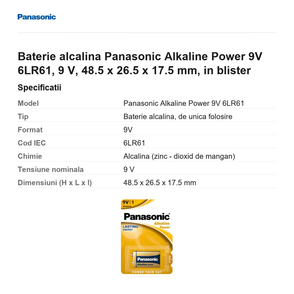Baterie alcalina Panasonic Alkaline Power 9V 6LR61, 9 V, 48.5 x 26.5 x 17.5 mm, in blister [3]