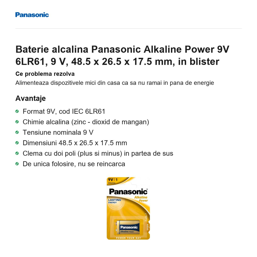 Baterie alcalina Panasonic Alkaline Power 9V 6LR61, 9 V, 48.5 x 26.5 x 17.5 mm, in blister [2]