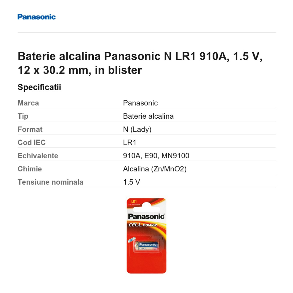 Baterie alcalina Panasonic N LR1 910A, 1.5 V, 12 x 30.2 mm, in blister [3]