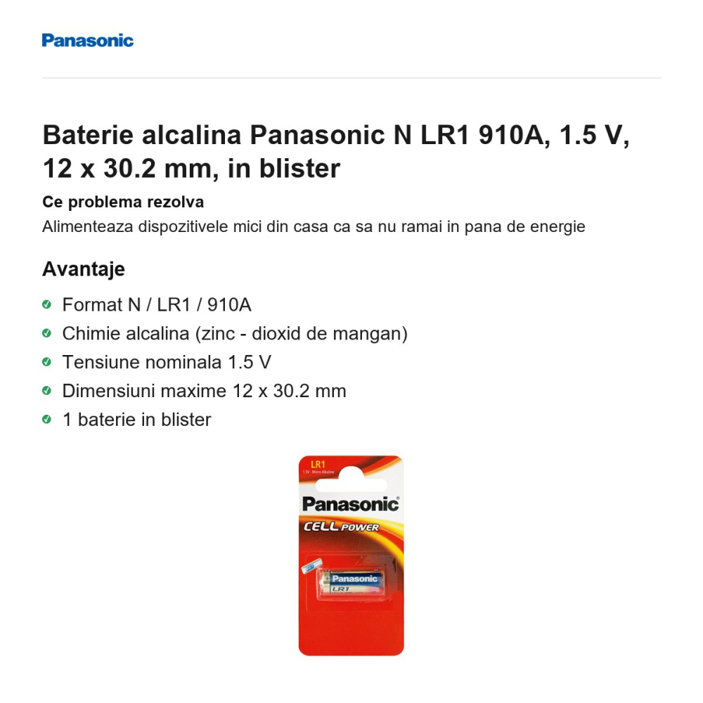 Baterie alcalina Panasonic N LR1 910A, 1.5 V, 12 x 30.2 mm, in blister [2]