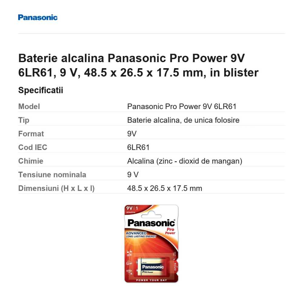Baterie alcalina Panasonic Pro Power 9V 6LR61, 9 V, 48.5 x 26.5 x 17.5 mm, in blister [3]