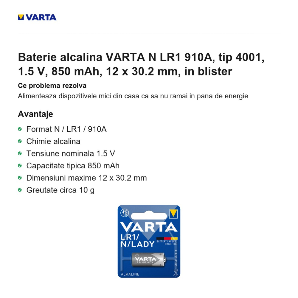 Baterie alcalina VARTA N LR1 910A, tip 4001, 1.5 V, 850 mAh, 12 x 30.2 mm, in blister [2]