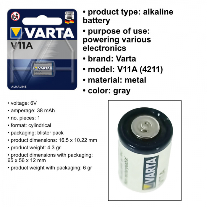 Baterie alcalina Varta 11A 6V 38mAh [3]