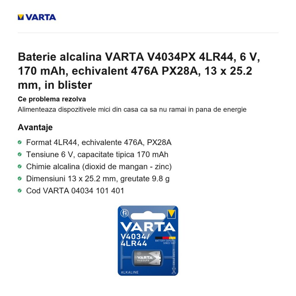 Baterie alcalina VARTA V4034PX 4LR44, 6 V, 170 mAh, echivalent 476A PX28A, 13 x 25.2 mm, in blister [2]