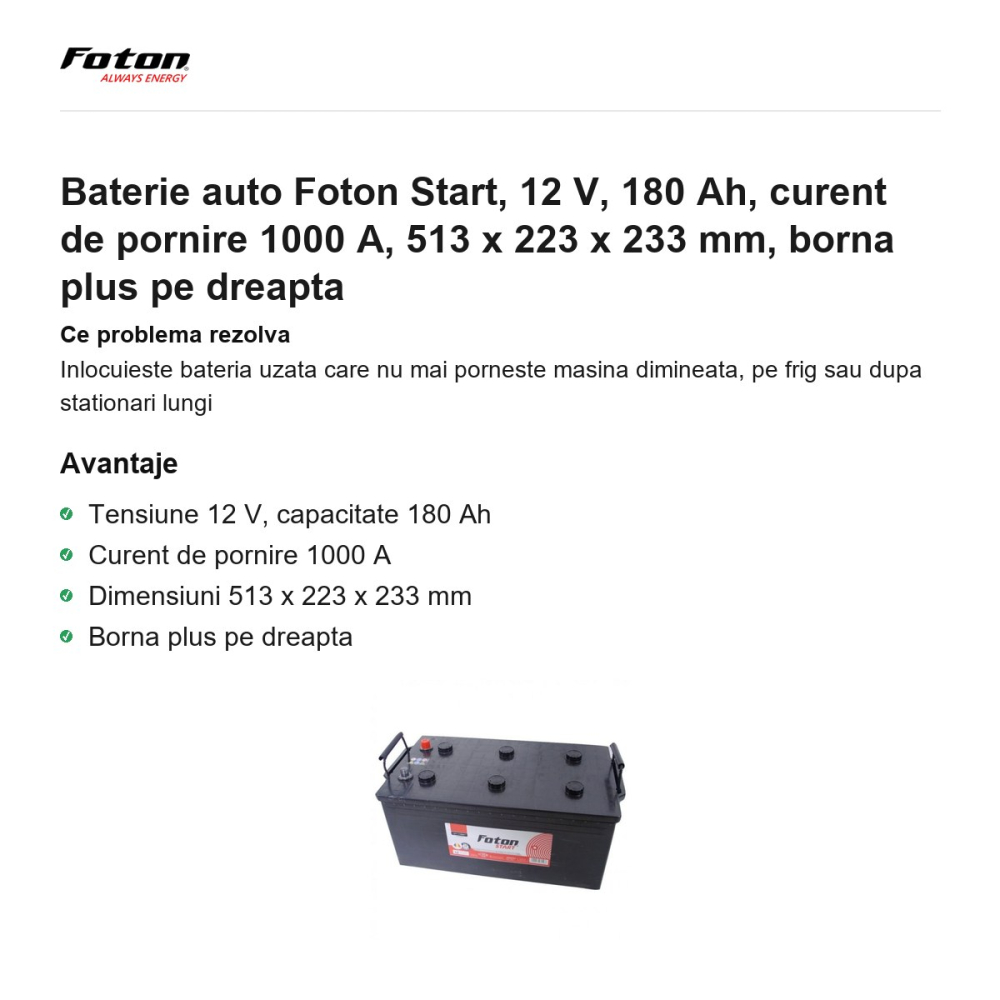 Baterie auto Foton Start, 12 V, 180 Ah, curent de pornire 1000 A, 513 x 223 x 233 mm, borna plus pe dreapta [2]