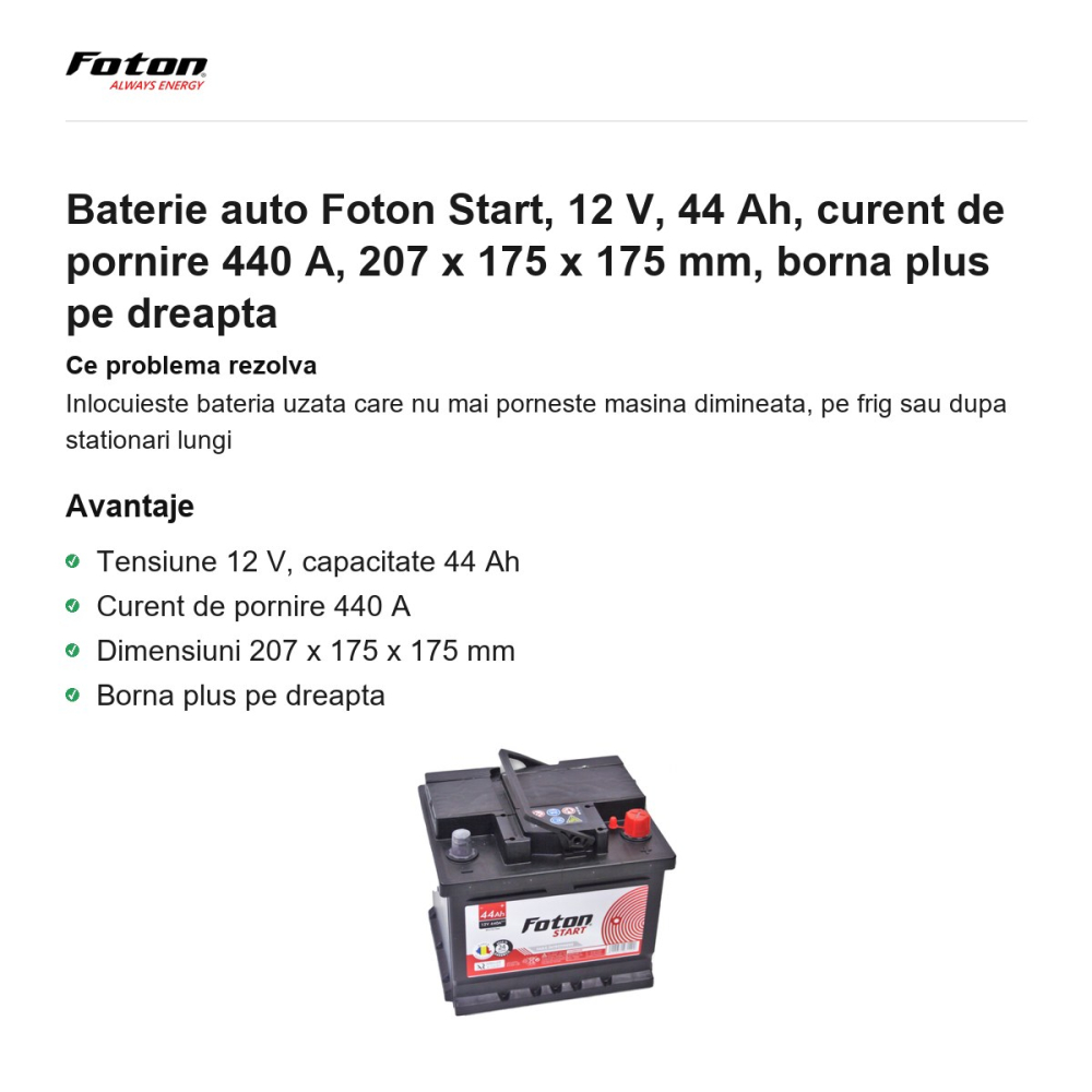 Baterie auto Foton Start, 12 V, 44 Ah, curent de pornire 440 A, 207 x 175 x 175 mm, borna plus pe dreapta [2]