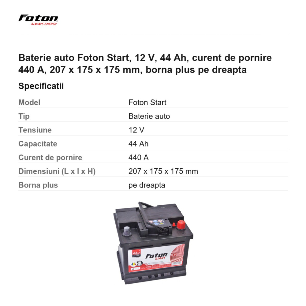 Baterie auto Foton Start, 12 V, 44 Ah, curent de pornire 440 A, 207 x 175 x 175 mm, borna plus pe dreapta [3]