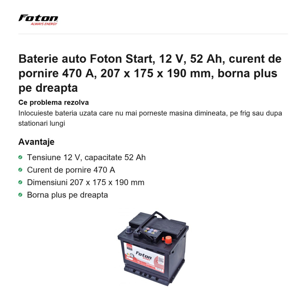 Baterie auto Foton Start, 12 V, 52 Ah, curent de pornire 470 A, 207 x 175 x 190 mm, borna plus pe dreapta [2]