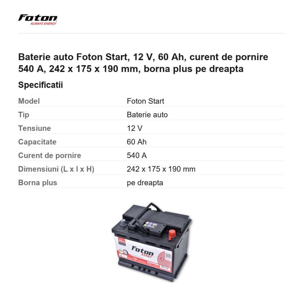 Baterie auto Foton Start, 12 V, 60 Ah, curent de pornire 540 A, 242 x 175 x 190 mm, borna plus pe dreapta [3]