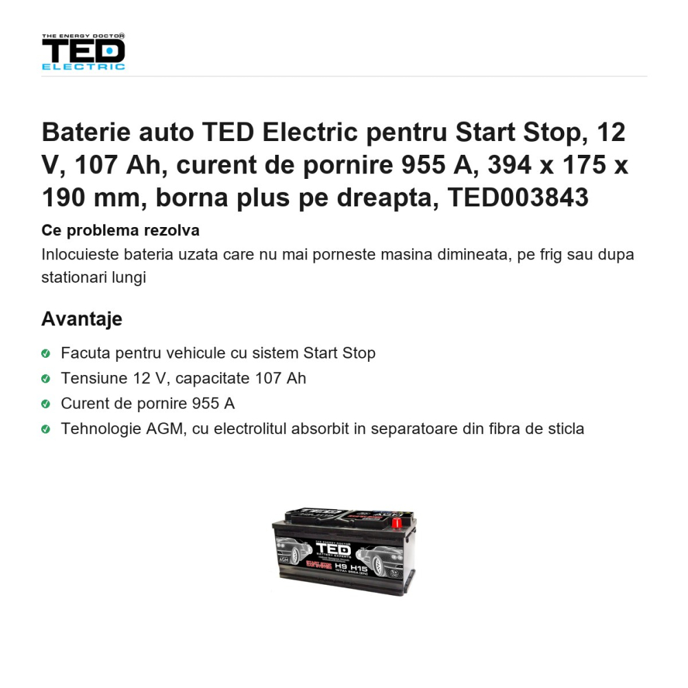 Baterie auto TED Electric pentru Start Stop, 12 V, 107 Ah, curent de pornire 955 A, 394 x 175 x 190 mm, borna plus pe dreapta, TED003843 [2]