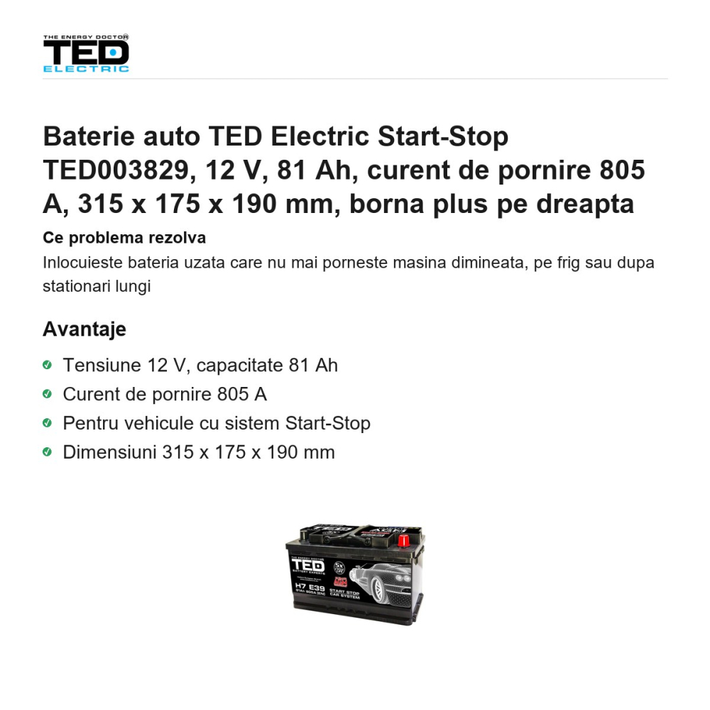 Baterie auto TED Electric Start-Stop TED003829, 12 V, 81 Ah, curent de pornire 805 A, 315 x 175 x 190 mm, borna plus pe dreapta [2]