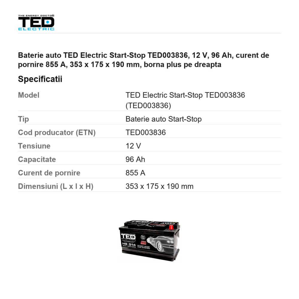 Baterie auto TED Electric Start-Stop TED003836, 12 V, 96 Ah, curent de pornire 855 A, 353 x 175 x 190 mm, borna plus pe dreapta [3]