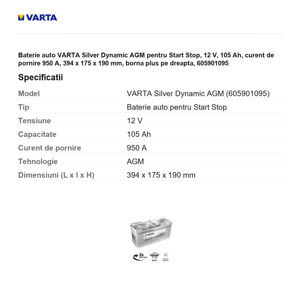 Baterie auto VARTA Silver Dynamic AGM pentru Start Stop, 12 V, 105 Ah, curent de pornire 950 A, 394 x 175 x 190 mm, borna plus pe dreapta, 605901095 [3]