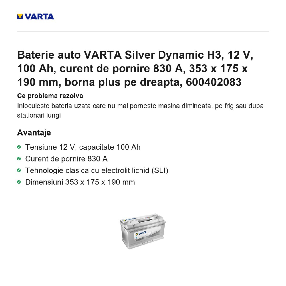 Baterie auto VARTA Silver Dynamic H3, 12 V, 100 Ah, curent de pornire 830 A, 353 x 175 x 190 mm, borna plus pe dreapta, 600402083 [2]