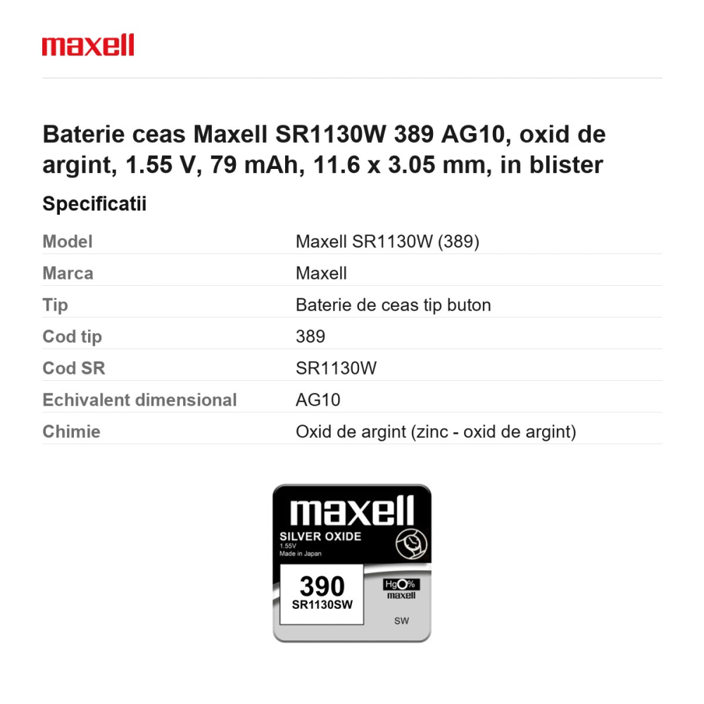 Baterie ceas Maxell SR1130W 389 AG10, oxid de argint, 1.55 V, 79 mAh, 11.6 x 3.05 mm, in blister [3]