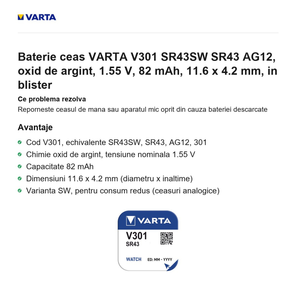 Baterie ceas VARTA V301 SR43SW SR43 AG12, oxid de argint, 1.55 V, 82 mAh, 11.6 x 4.2 mm, in blister [2]
