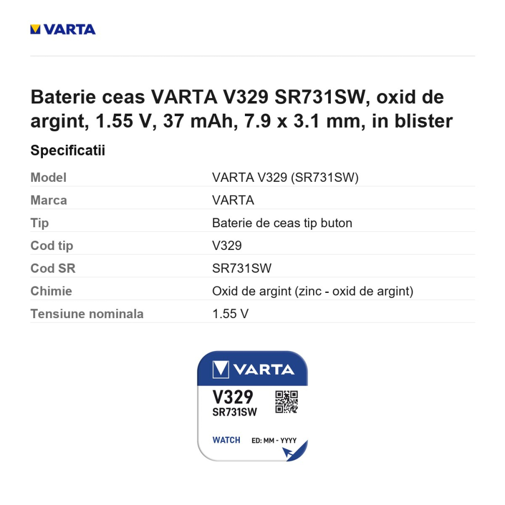 Baterie ceas VARTA V329 SR731SW, oxid de argint, 1.55 V, 37 mAh, 7.9 x 3.1 mm, in blister [3]