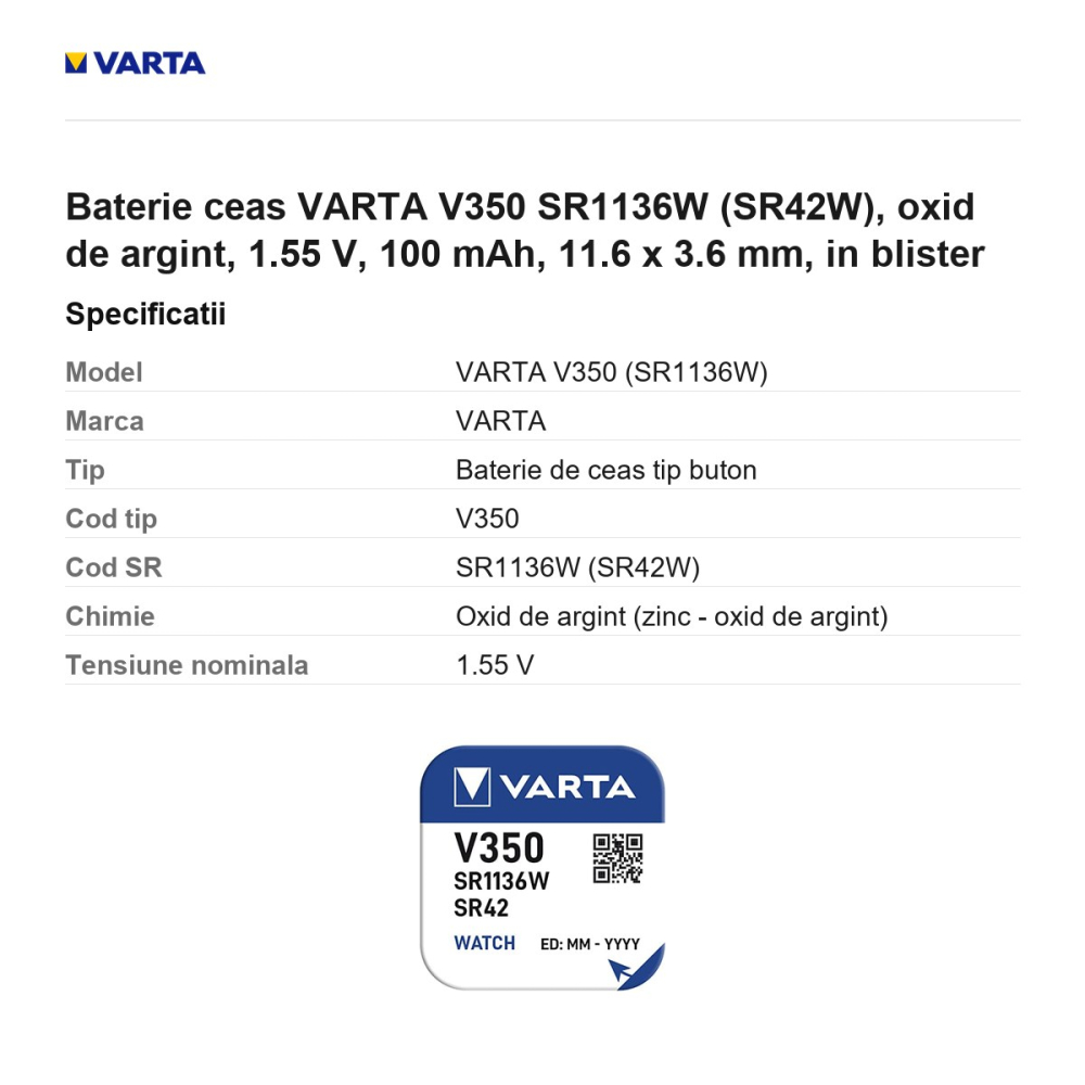 Baterie ceas VARTA V350 SR1136W (SR42W), oxid de argint, 1.55 V, 100 mAh, 11.6 x 3.6 mm, in blister [3]