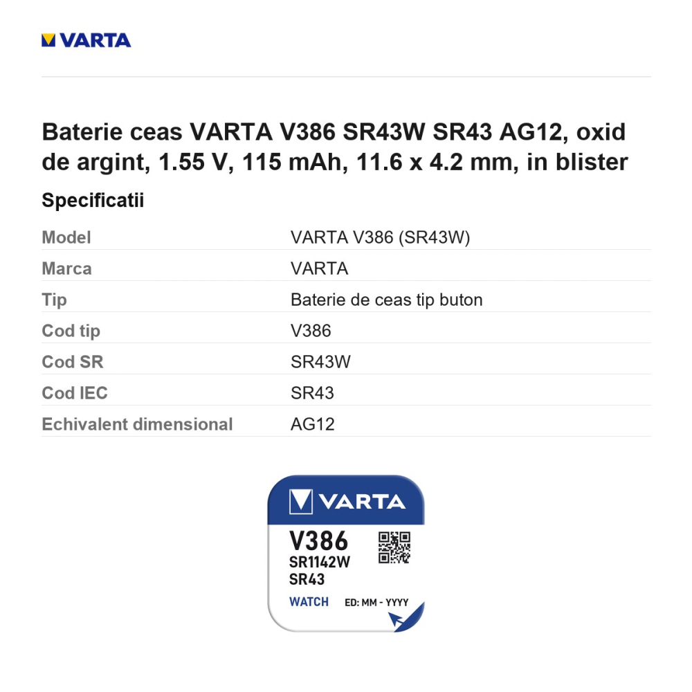 Baterie ceas VARTA V386 SR43W SR43 AG12, oxid de argint, 1.55 V, 115 mAh, 11.6 x 4.2 mm, in blister [3]