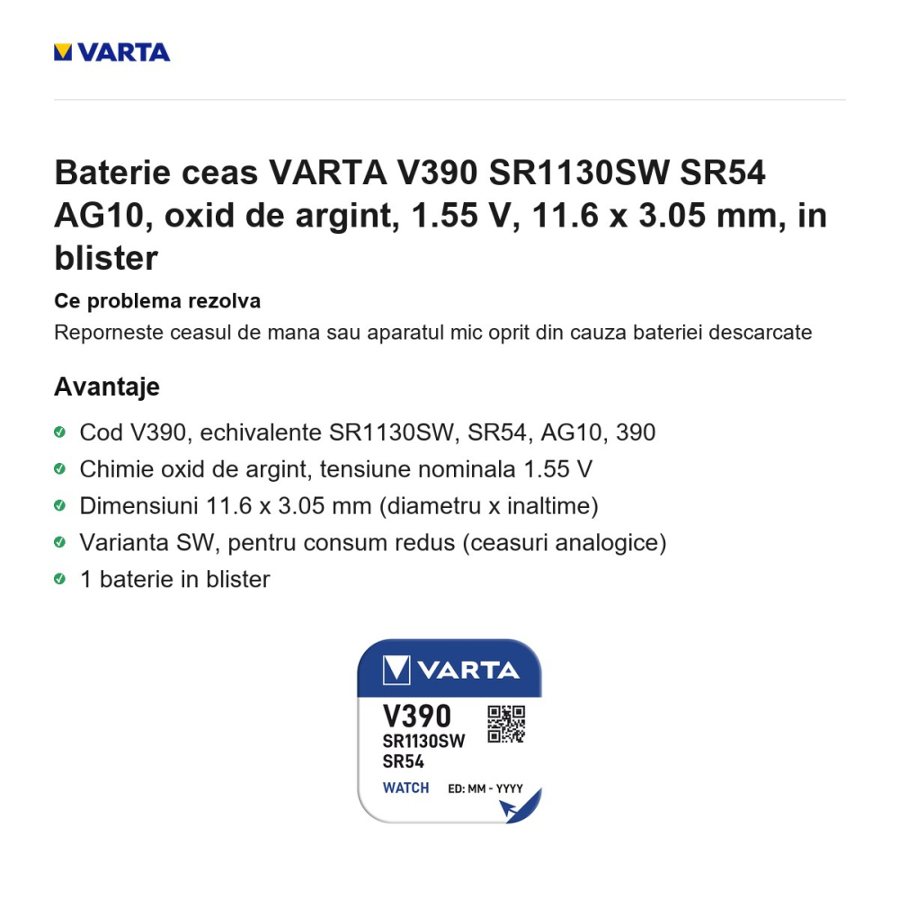 Baterie ceas VARTA V390 SR1130SW SR54 AG10, oxid de argint, 1.55 V, 11.6 x 3.05 mm, in blister [2]