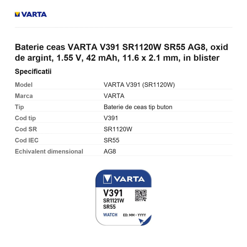 Baterie ceas VARTA V391 SR1120W SR55 AG8, oxid de argint, 1.55 V, 42 mAh, 11.6 x 2.1 mm, in blister [3]