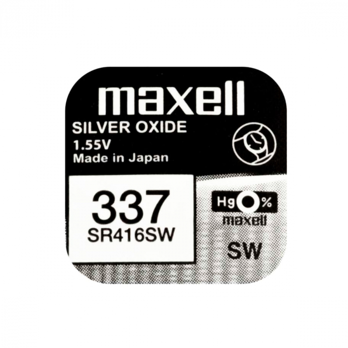 Baterie de ceas tip buton, Maxell SR416SW 337, 1.55V, 4.8mm diametru x 1.65mm inaltime, capacitate 8.3 mAh, oxid de argint, in blister o bucata [1]