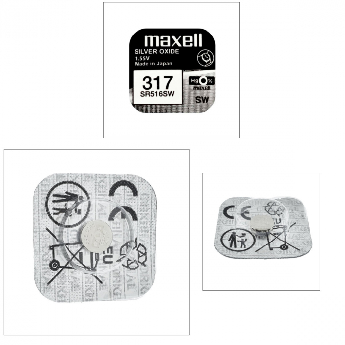 Baterie de ceas tip buton, Maxell SR516W 317, 1.55V, 5.8mm diametru x 1.65mm inaltime, capacitate nominala 11.8 mAh, oxid de argint, in blister o bucata [4]
