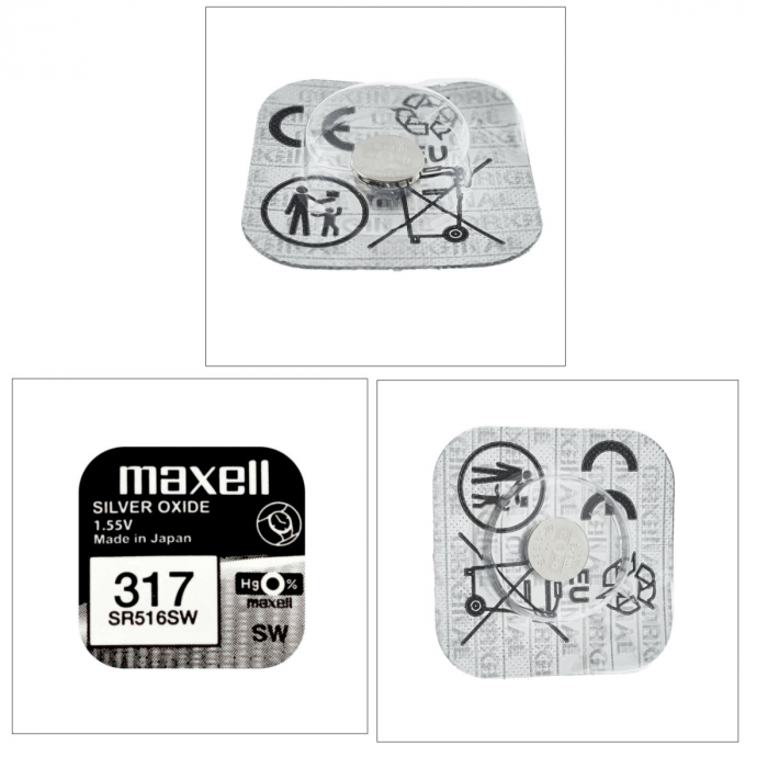 Baterie de ceas tip buton, Maxell SR516W 317, 1.55V, 5.8mm diametru x 1.65mm inaltime, capacitate nominala 11.8 mAh, oxid de argint, in blister o bucata [5]