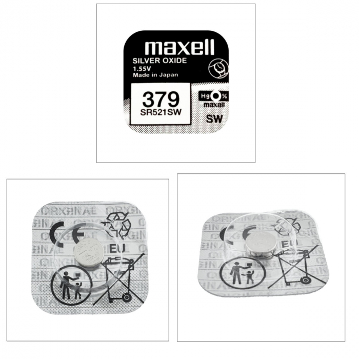 Baterie de ceas tip buton, Maxell SR521SW / 379 / AG0, 1.55V, 5.8mm diametru x 2.15mm inaltime, capacitate 13-16 mAh, oxid de argint, in blister o bucata [4]