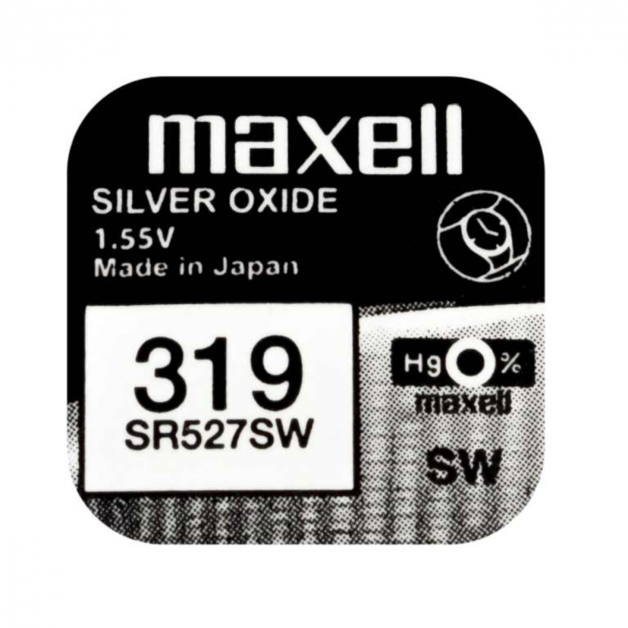 Baterie de ceas tip buton, Maxell SR527SW 319, 1.55V, 5.8mm diametru x 2.7mm inaltime, capacitate 17 mAh, oxid de argint, in blister o bucata [1]