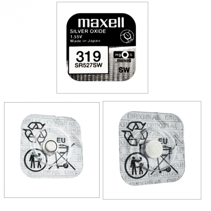 Baterie de ceas tip buton, Maxell SR527SW 319, 1.55V, 5.8mm diametru x 2.7mm inaltime, capacitate 17 mAh, oxid de argint, in blister o bucata [4]
