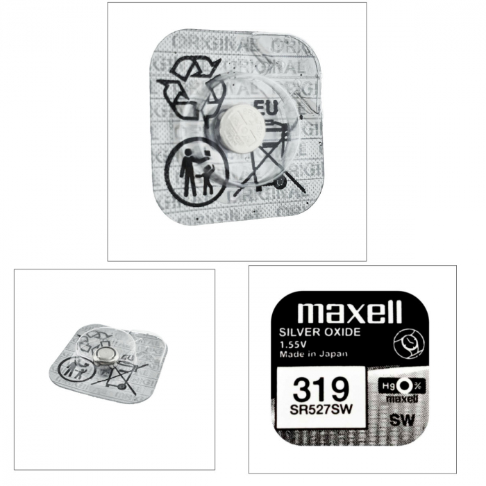Baterie de ceas tip buton, Maxell SR527SW 319, 1.55V, 5.8mm diametru x 2.7mm inaltime, capacitate 17 mAh, oxid de argint, in blister o bucata [6]