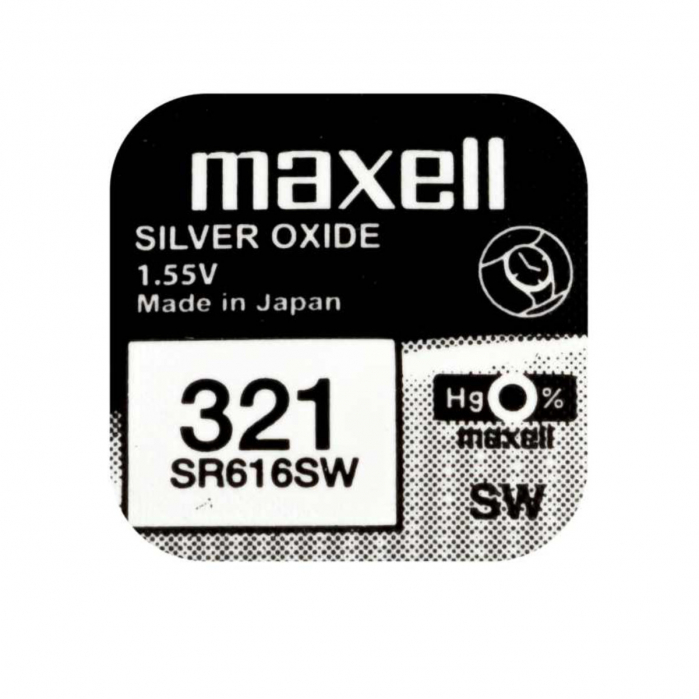Baterie de ceas tip buton, Maxell SR616SW 321, 1.55V, 6.8mm diametru x 1.65mm inaltime, capacitate 15-16 mAh, oxid de argint, in blister o bucata [1]