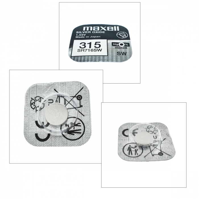 Baterie de ceas tip buton, Maxell SR716SW 315, 1.55V, 7.9mm diametru x 1.68mm inaltime, capacitate 22-23 mAh, oxid de argint, in blister o bucata [5]