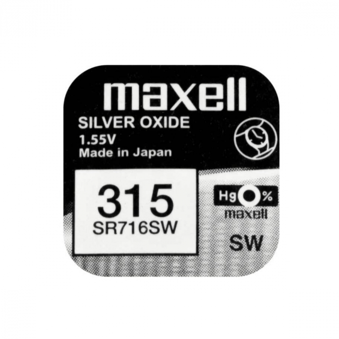 Baterie de ceas tip buton, Maxell SR716SW 315, 1.55V, 7.9mm diametru x 1.68mm inaltime, capacitate 22-23 mAh, oxid de argint, in blister o bucata [1]
