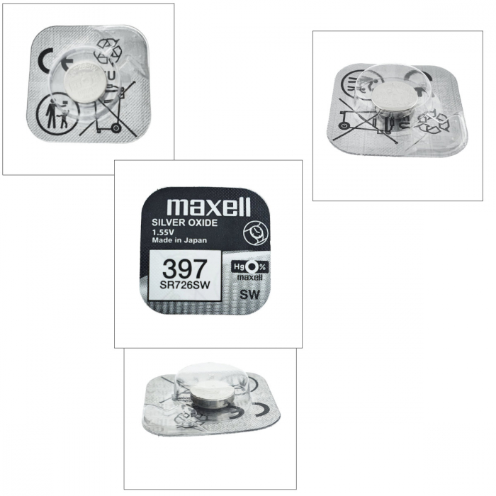 Baterie de ceas tip buton, Maxell SR726SW / 397 / AG2, 1.55V, 7.9mm diametru x 3.1mm inaltime, capacitate 36 mAh, oxid de argint, in blister o bucata [6]