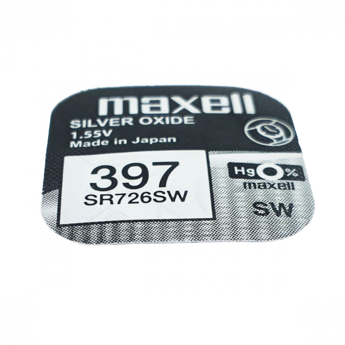 Baterie de ceas tip buton, Maxell SR726SW / 397 / AG2, 1.55V, 7.9mm diametru x 3.1mm inaltime, capacitate 36 mAh, oxid de argint, in blister o bucata [5]