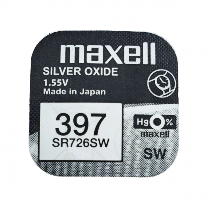 Baterie de ceas tip buton, Maxell SR726SW / 397 / AG2, 1.55V, 7.9mm diametru x 3.1mm inaltime, capacitate 36 mAh, oxid de argint, in blister o bucata [1]