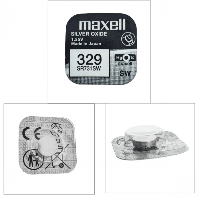 Baterie de ceas tip buton, Maxell SR731SW 329, 1.55V, 7.9mm diametru x 3.1mm inaltime, capacitate nominala 36 mAh, oxid de argint, in blister o bucata [5]