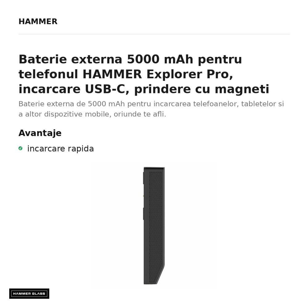 Baterie externa 5000 mAh pentru telefonul HAMMER Explorer Pro, incarcare USB-C, prindere cu magneti sau suruburi [2]