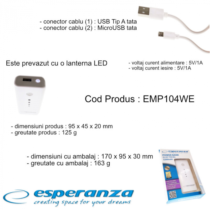Baterie externa, Esperanza Electron EMP104WE, 5200mAh, lanterna integrata, port-uri 1 x USB Tip A si 1 x MicroUSB DC, cablu alimentare inclus, alb cu gri [6]