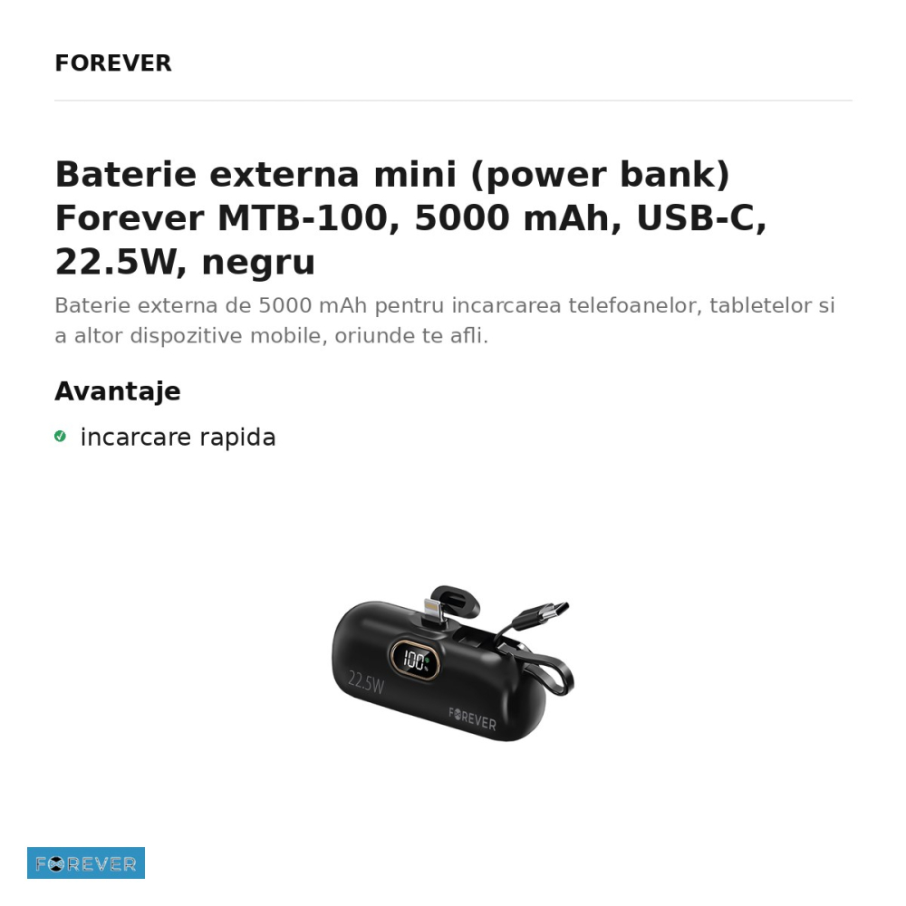 Baterie externa mini (power bank) Forever MTB-100, 5000 mAh, USB-C, 22.5W, negru [2]