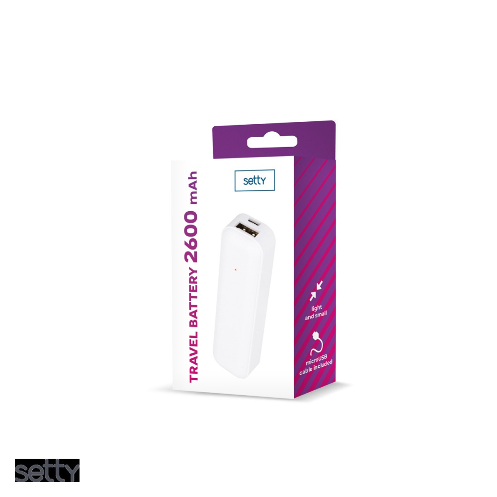 Baterie externa mini (power bank) Setty, 2600 mAh, USB-A + microUSB, cu cablu inclus, alb [4]