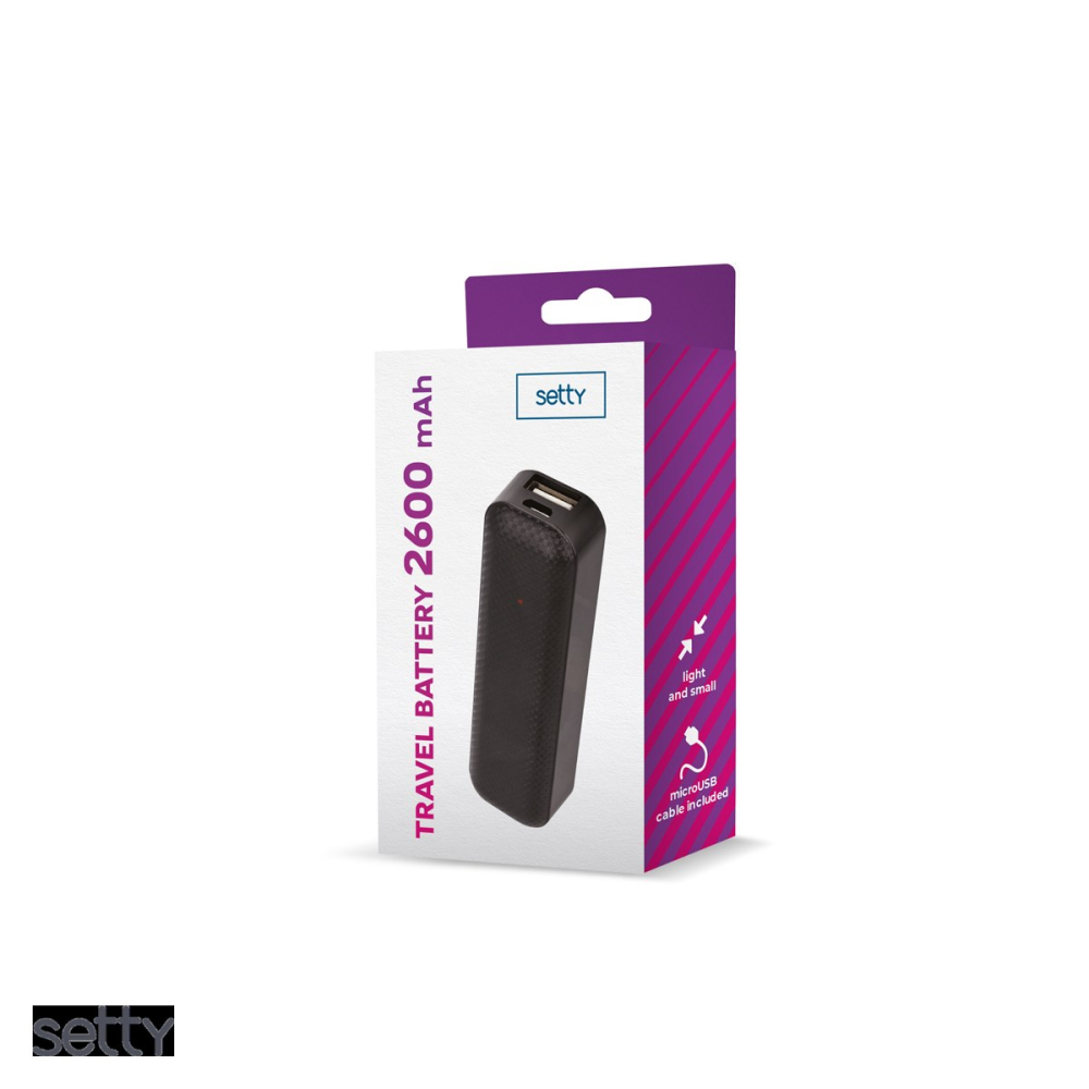 Baterie externa mini (power bank) Setty, 2600 mAh, USB-A + microUSB, cu cablu inclus, negru [4]