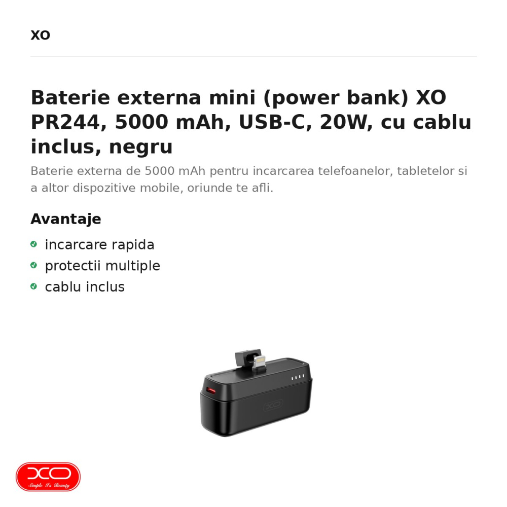 Baterie externa mini (power bank) XO PR244, 5000 mAh, USB-C, 20W, cu cablu inclus, negru [2]