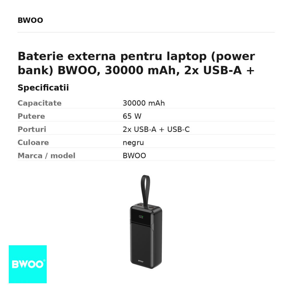 Baterie externa pentru laptop (power bank) BWOO, 30000 mAh, 2x USB-A + USB-C, 65W, cu afisaj, negru [3]