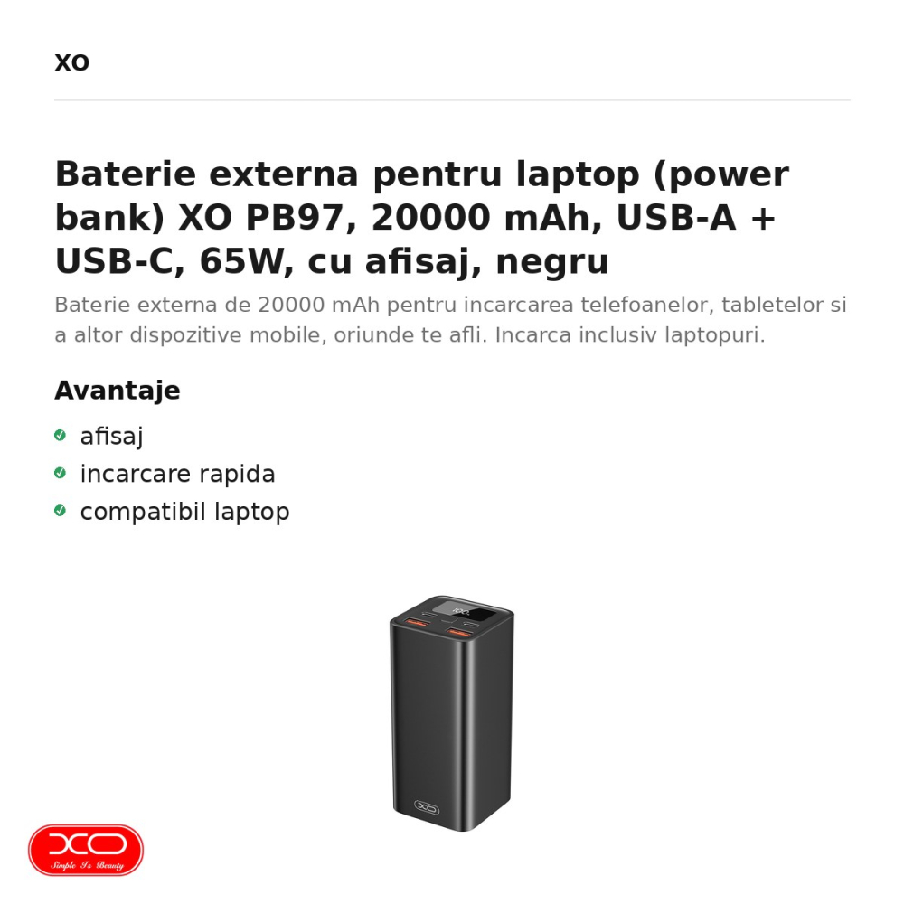 Baterie externa pentru laptop (power bank) XO PB97, 20000 mAh, USB-A + USB-C, 65W, cu afisaj, negru [2]